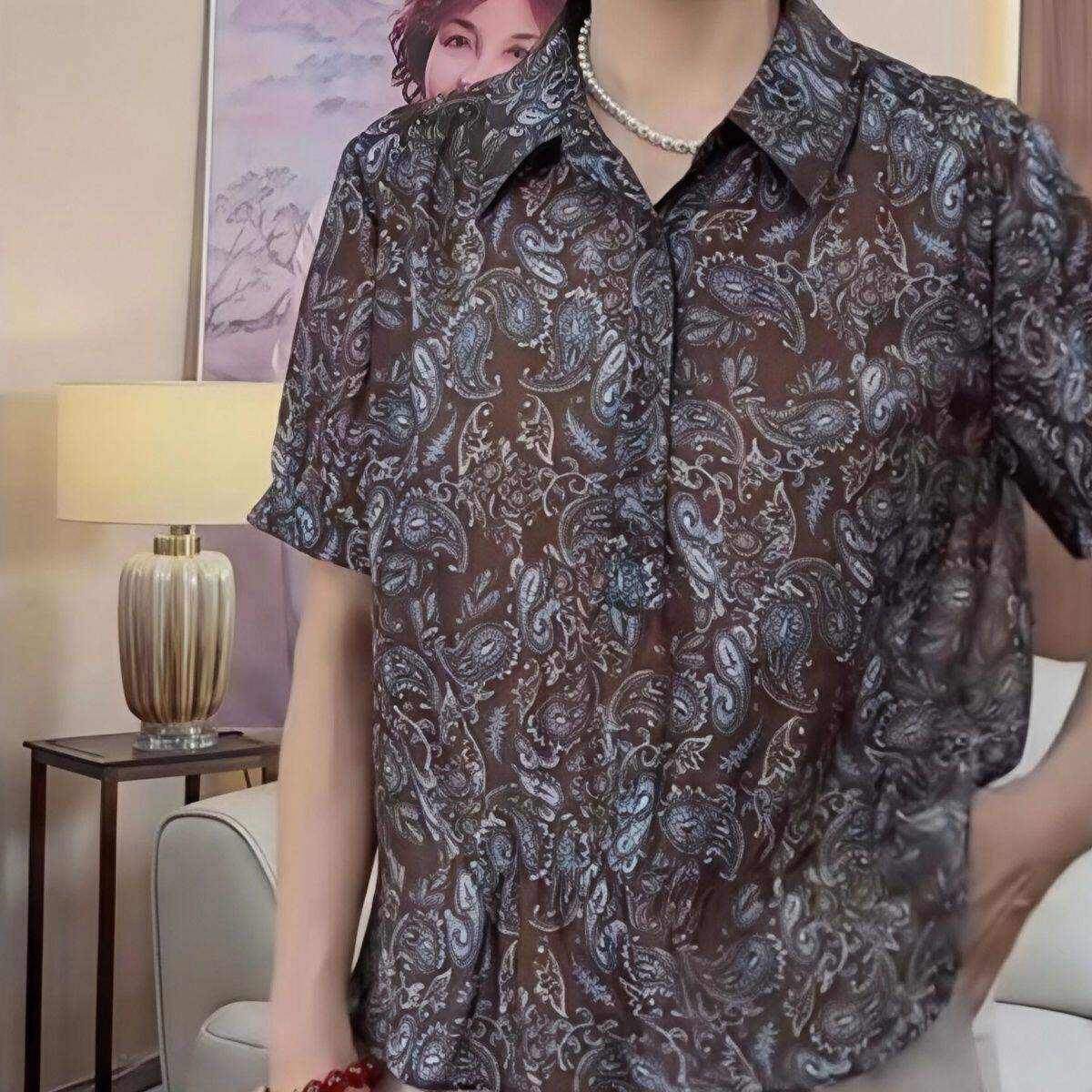 夏薄款中老年女装小碎花宽松大尺码遮肉时尚小花衫上衣,衣长61