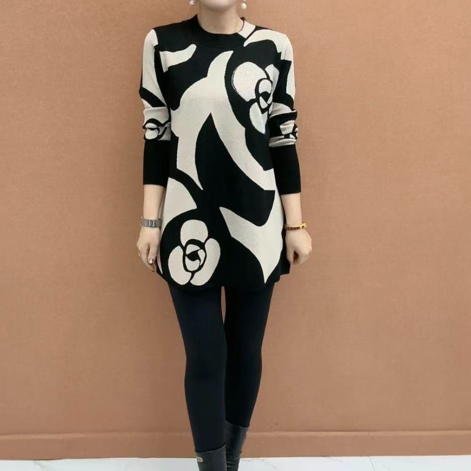 时尚印花长袖上衣女中长