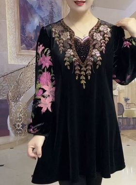 重工烫钻刺绣花卉黑色丝绒上衣女长袖V领优雅气质2025秋