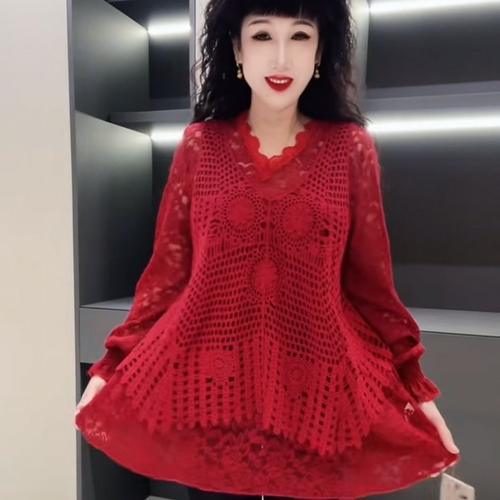 红色镂空钩花蕾丝打底衫女大码宽松高级感洋气百搭上衣