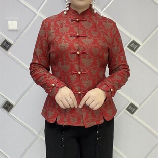 新中式风立领盘扣外套女复古红色提花修身国风上衣