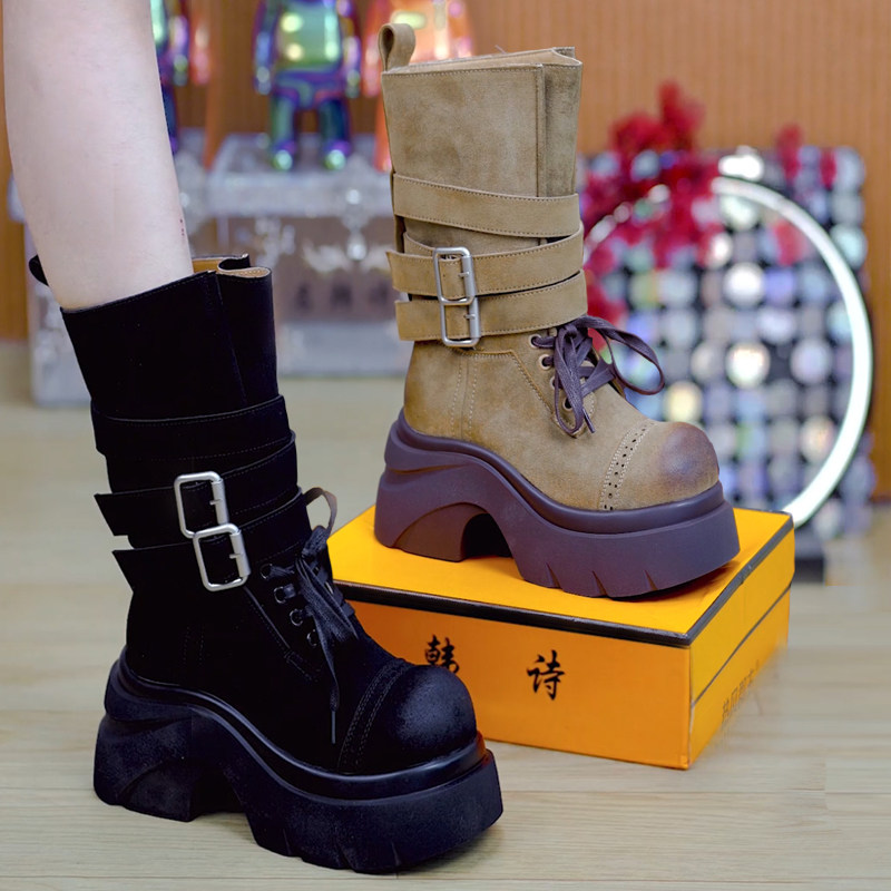 9cm复古粗跟厚底马丁靴女2025秋季新款时尚休闲百搭扣带骑士靴女,女鞋,马丁靴,淘宝优惠券,粉丝福利购,淘宝优惠卷