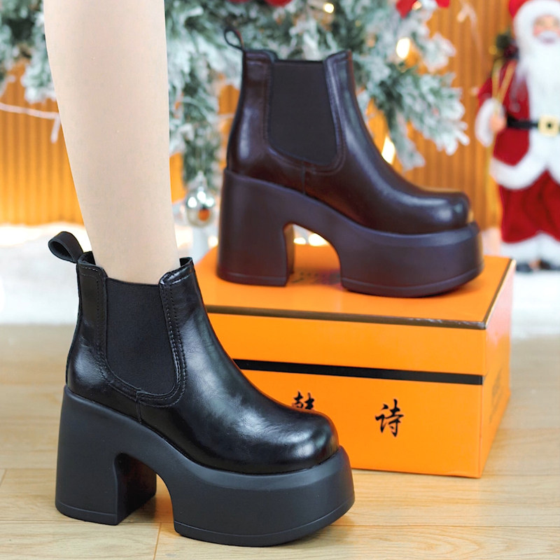 【单/棉】9cm切尔西厚底短靴女2025秋冬百搭一脚蹬增高休闲马丁靴,女鞋,马丁靴,淘宝优惠券,粉丝福利购,淘宝优惠卷