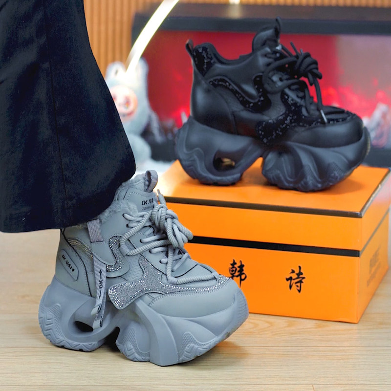 轻便水钻厚底高帮老爹鞋女