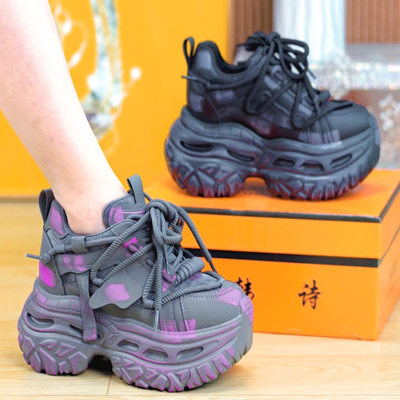 小个子擦色系带厚底老爹鞋