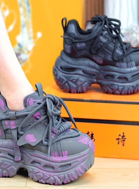 9cm小个子擦色系带厚底老爹鞋女2025秋冬新款百搭增高休闲运动鞋