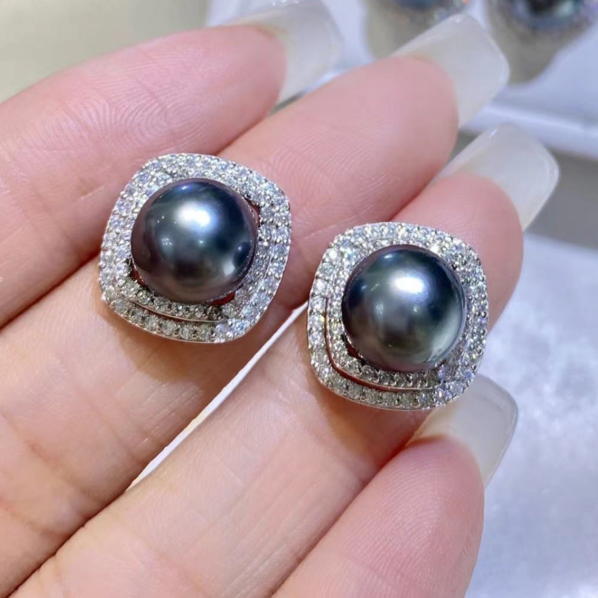 通体s925银 菱形海水珍珠耳钉 9-10mm海水大溪地黑珍珠