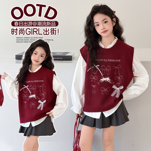 女童学院风套装裙2026早春新款中大童韩系jk百褶裙女孩红色毛衣