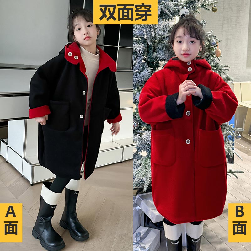 女童双面穿呢大衣2025新款秋冬洋气中大童加厚中长款加厚毛呢外套