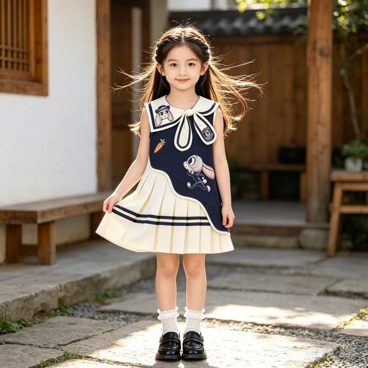 2026夏季女童学院风海军领连衣裙时尚洋气朱迪卡通兔子刺绣polo裙
