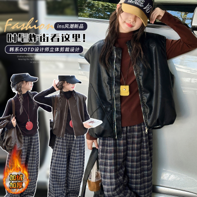 女童马甲加绒打底衫格子裤三件套