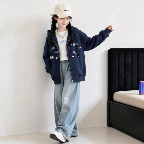 2026女童连帽刺绣拉链外套春秋