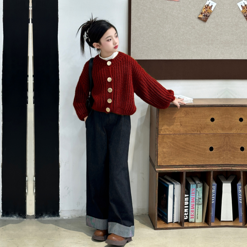 女童红色毛衣牛仔裤套装秋季新款