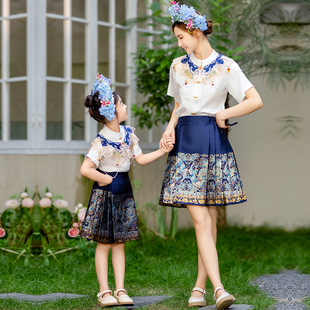 裙子母女親子裝 漢服女童馬面裙套裝 洋氣國風中式 2025新款 短款 夏裝