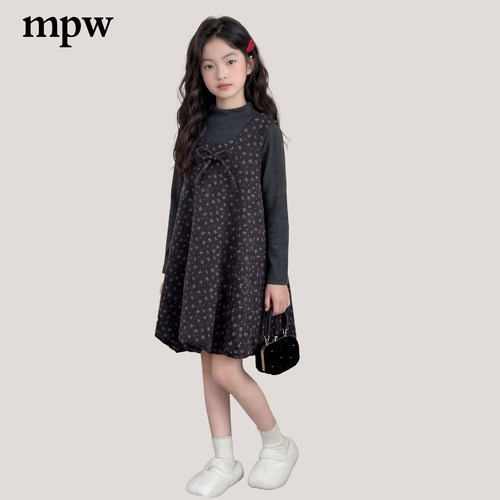 女童韩版碎花蝴蝶结连衣裙两件套