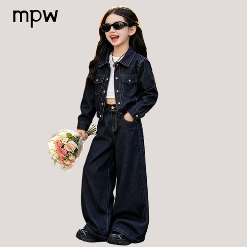 春秋女童重工牛仔外套裤子两件套