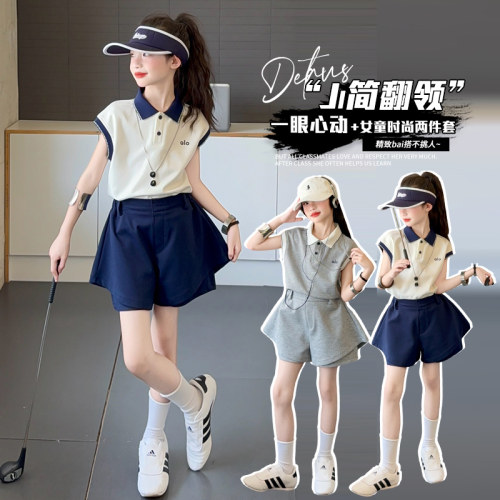 潮酷女童POLO衫短裤套装2026新款