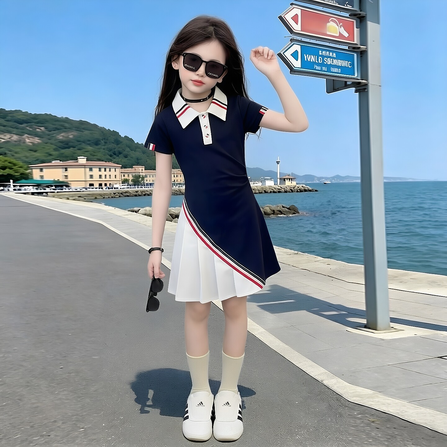 女童学院风连衣裙2026新款夏装洋气中大儿童条纹织带POIO短袖裙子