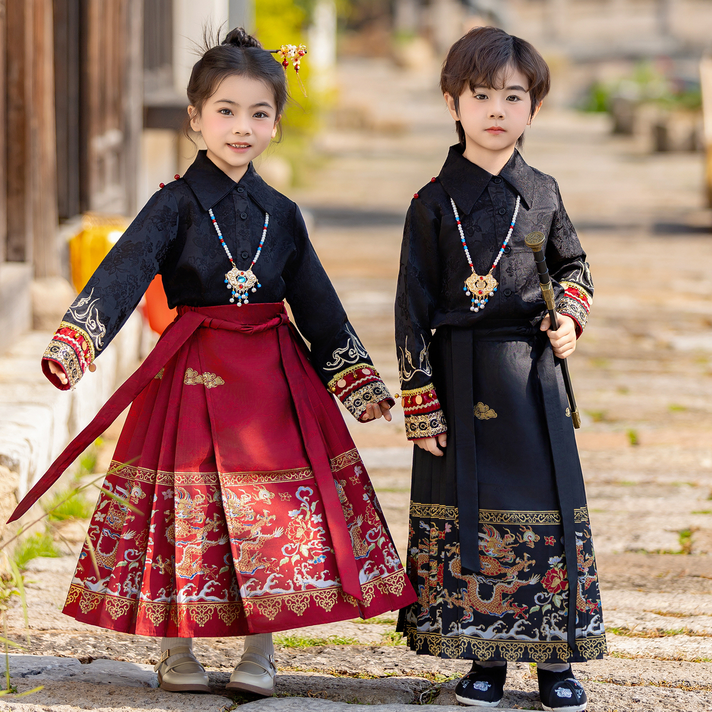 中大童新中式国风织金马面裙套装