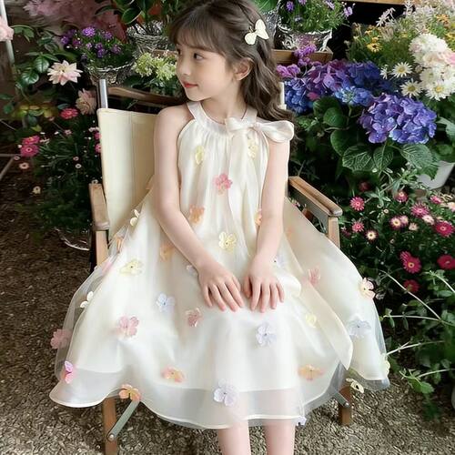 中大童韩版立体吊带订花连衣裙潮