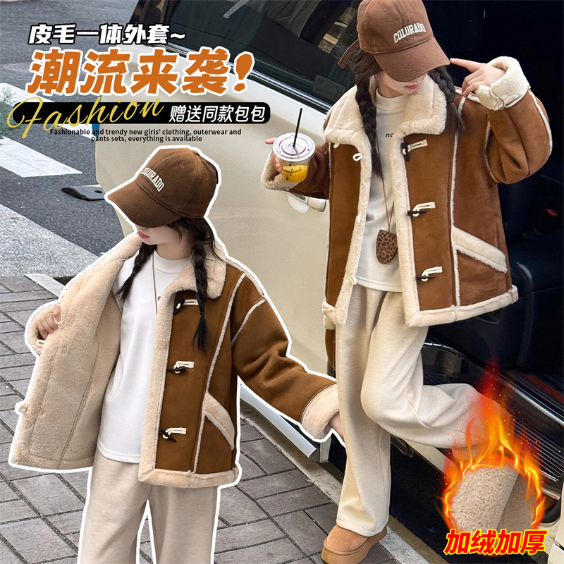 女童皮毛一体加绒外套秋冬保暖