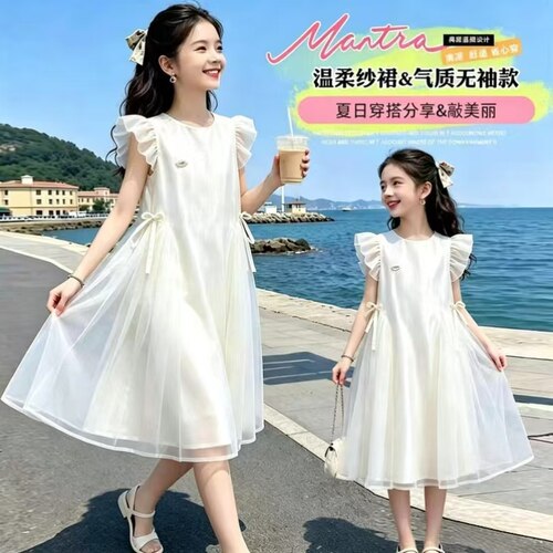 夏季女童白色网纱蓬蓬公主连衣裙