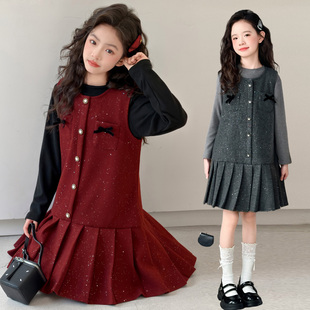 女童小香风连衣裙2026春装新款中大童亮片背心裙套装生日礼服裙子