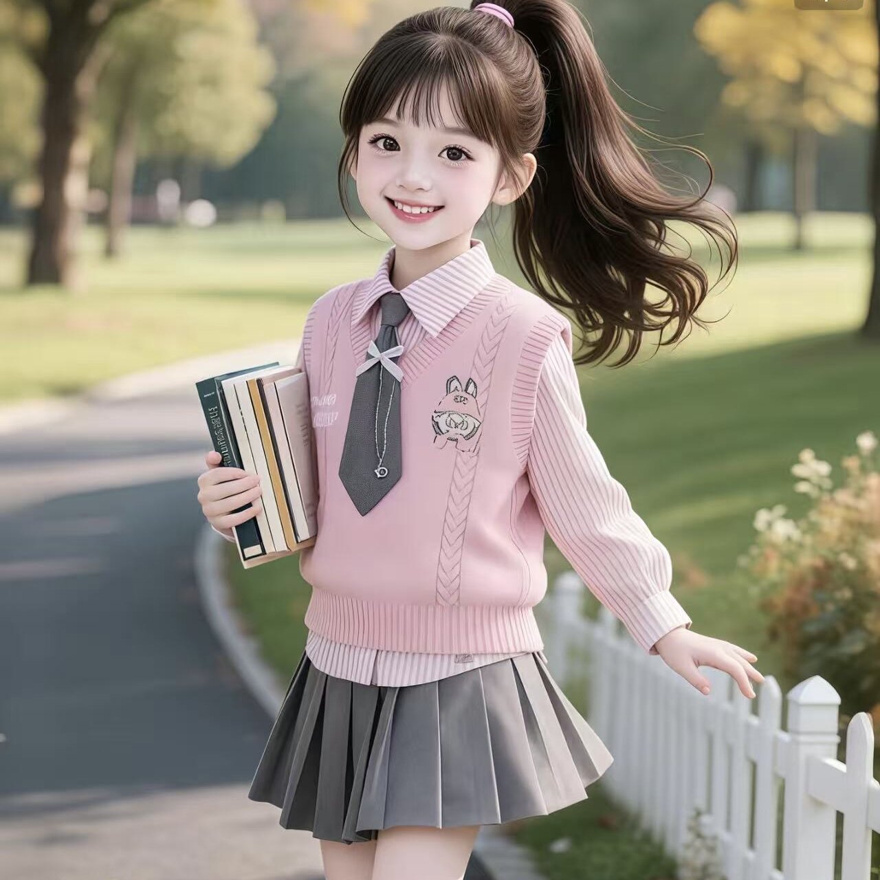 女童学院风百褶裙三件套春秋图片