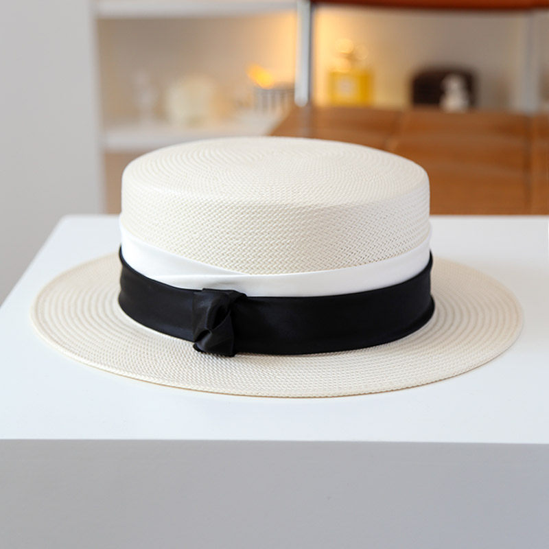 秋印日本草夏季法式平顶礼帽黑白拼色简约遮阳防晒太阳帽子女逛街