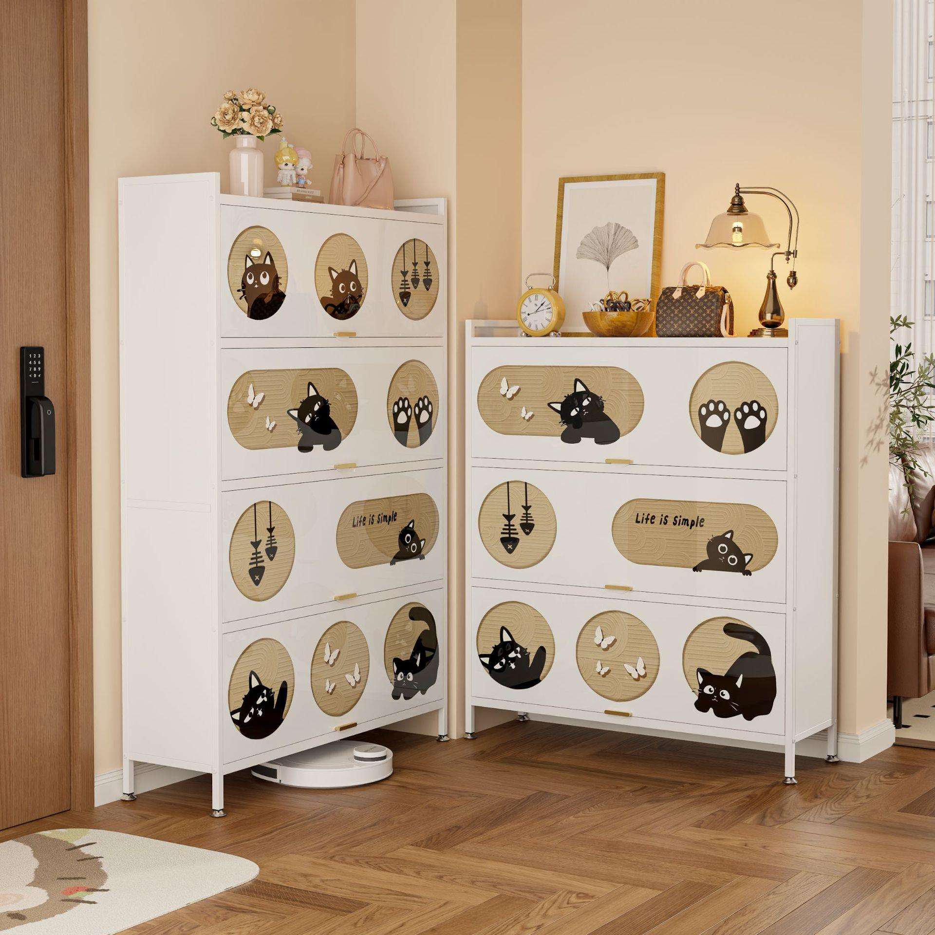 钢制书柜黑猫印花收纳柜客厅防尘储物柜大容量展示柜卧室儿童书架