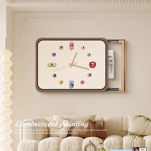 奶油风客厅电表箱装饰画带时钟表配电箱弱电箱电闸盒遮挡挂画盖板