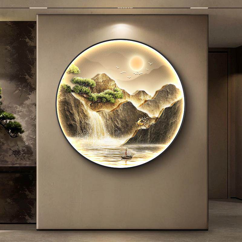 入户玄关装饰画轻奢正对门走廊过道挂画高级感圆山水新中式壁灯画