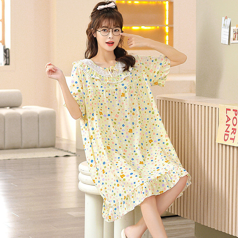 夏季清新甜美娃娃领学生睡裙韩版蕾丝花边蝴蝶结裙子人造棉家居服