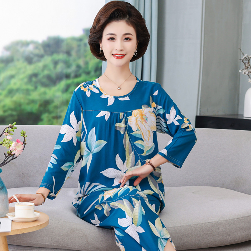 轻奢中老年妈妈夏装睡衣长袖棉绸套装女老人家居服人造棉两件套可