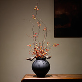 新中式 饰 陶瓷花瓶插花摆件仿真红果实木侘寂风家居玄关酒店禅意装