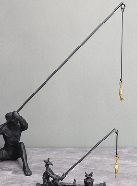 新中式黑色铸铁钓鱼人摆件样板间客厅餐厅电视柜桌面家居软装饰品