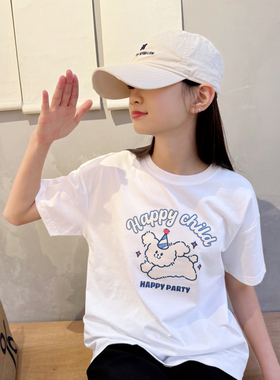2025夏季凉感白色t恤女童短袖T恤休闲运动女孩上衣韩版宽松卡通