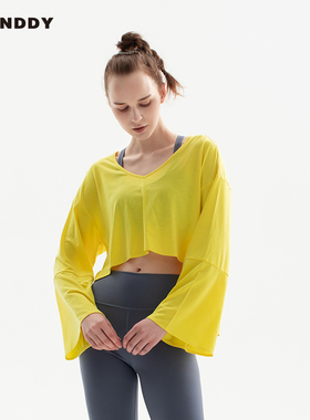 Slenddy Canary 春季新款宽松V领上衣喇叭袖长袖运动瑜伽T恤S3006