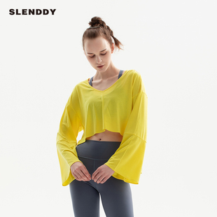 Slenddy Canary 春季新款宽松V领上衣喇叭袖长袖运动瑜伽T恤S3006