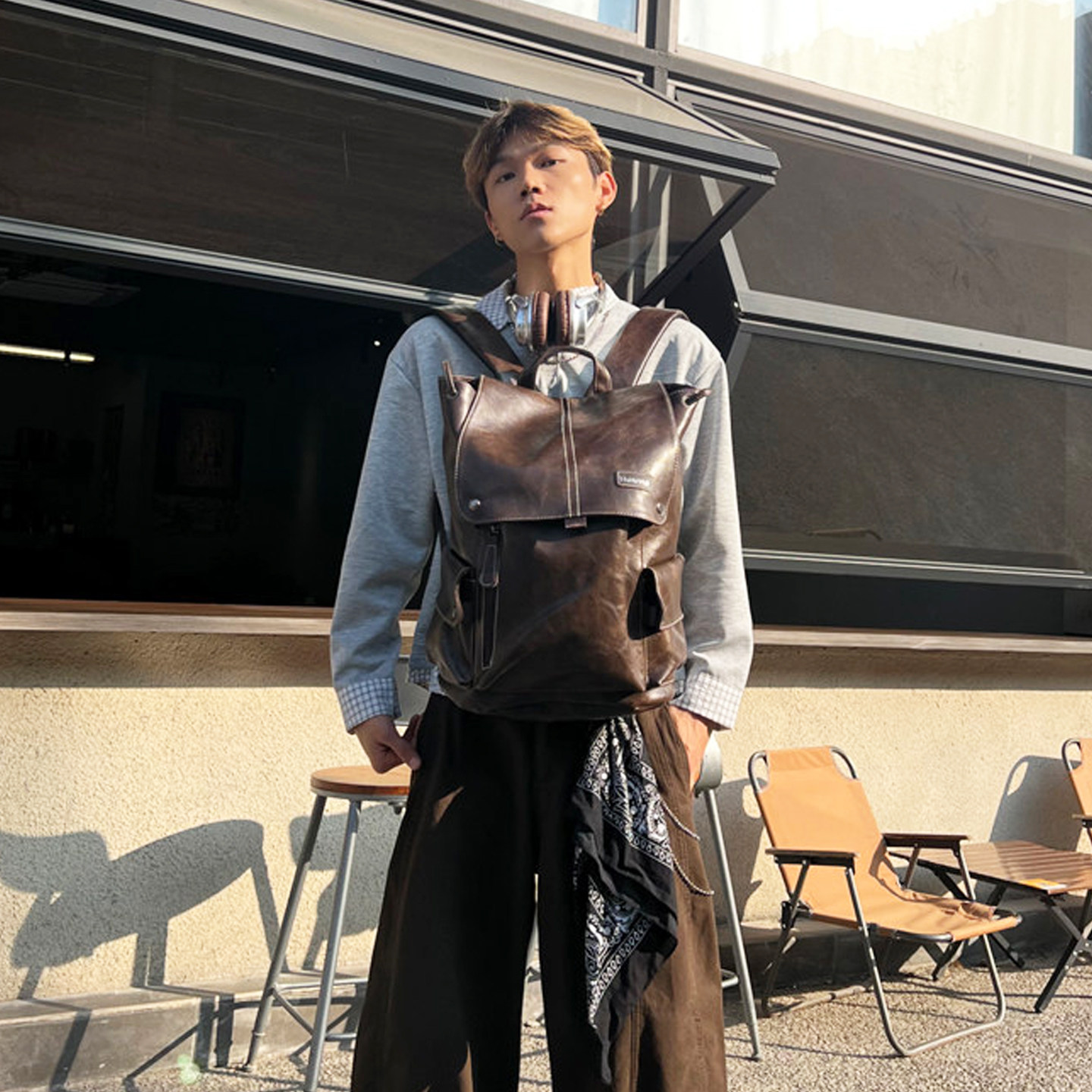 NIN高级感个性翻盖双肩包皮质背包男女生休闲书包大容量pu通勤潮