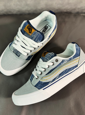knu skool胖胖面包鞋蓝色破洞做旧时尚复古男板鞋百搭帆布休闲鞋