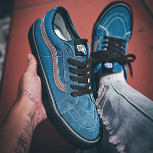 蓝灰色黑底sk8 low新款帆布鞋美式复古百搭情侣休闲鞋拼色滑板鞋