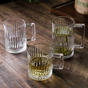 日式 简约条纹加厚玻璃杯带把泡茶杯家用待客水杯果汁饮料杯啤酒杯
