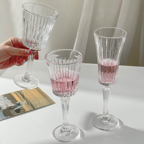 欧式竖条纹玻璃高脚香槟杯高颜值