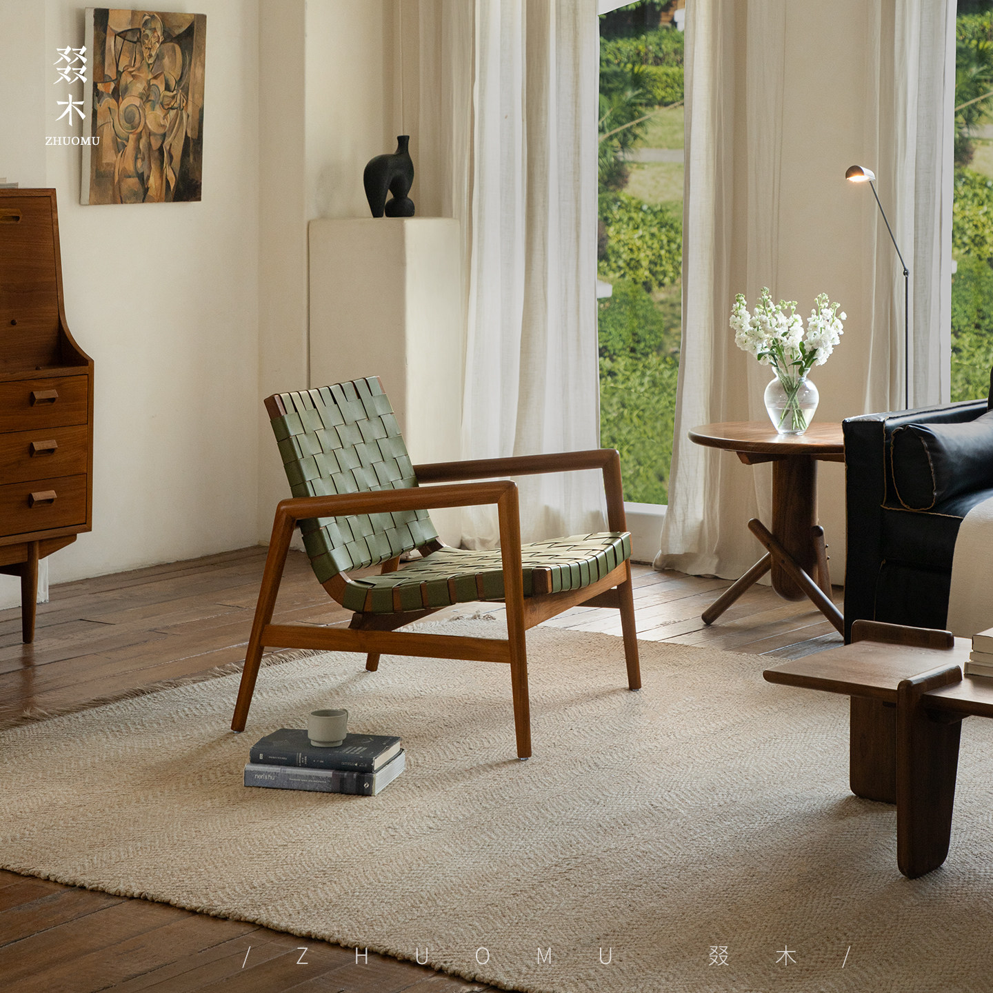 叕木|中古复古风客厅实木真皮编织沙发椅酒店单人柚木休闲家具