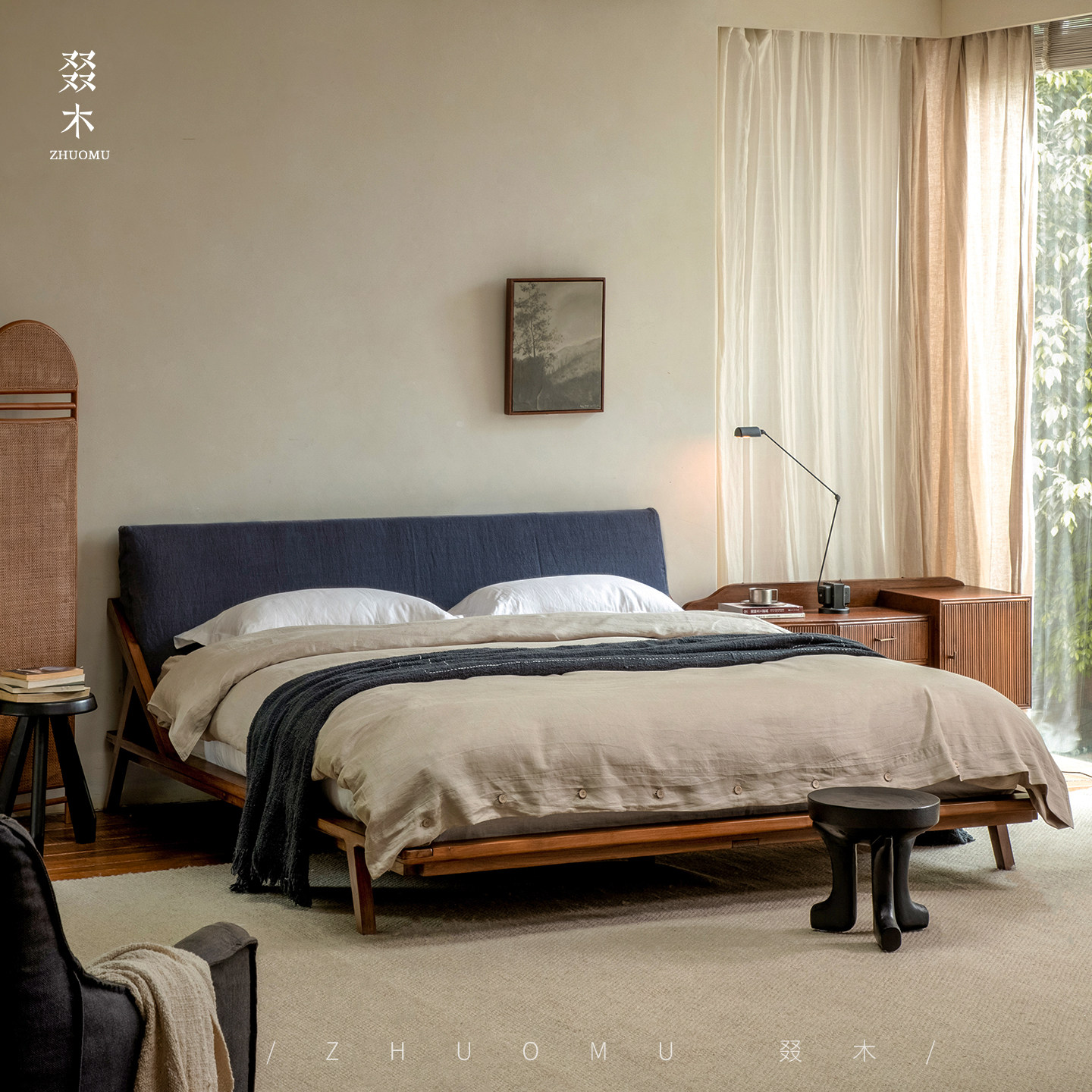 叕木亚麻软包床头柚木K字柚木床