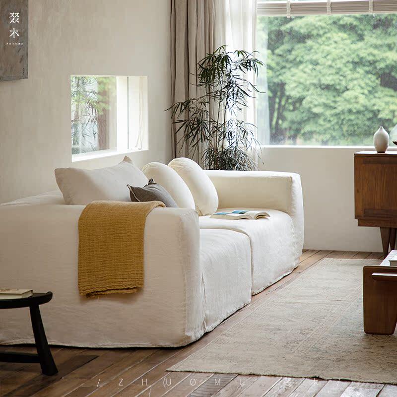 叕木|日式侘寂民宿风色织亚麻可拆洗模块组合直排转角布艺沙发