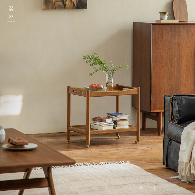 叕木复古风可移动推车边几