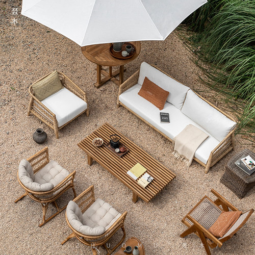 叕木户外柚木藤编沙发