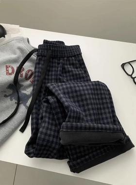 加绒加厚格子裤女宽松韩版直筒休闲裤冬季阔腿裤显瘦百搭长裤